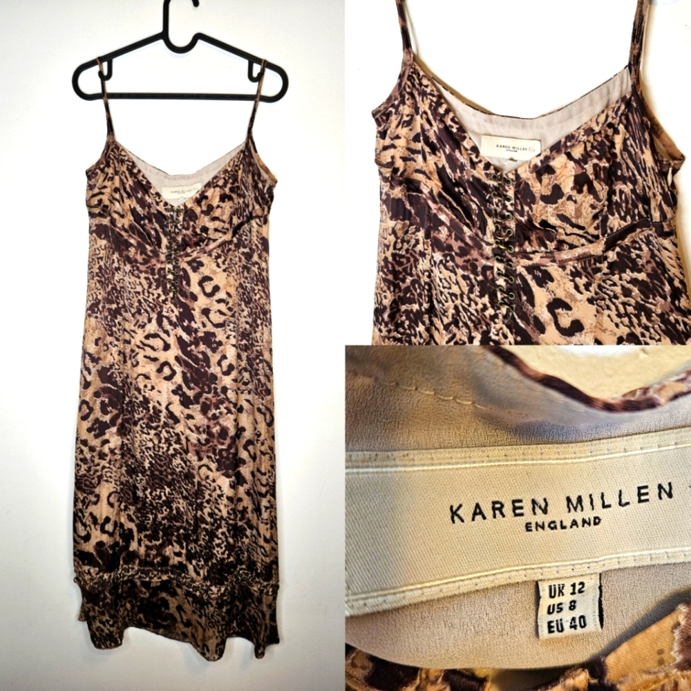 Y2K Karen Millen Silk Slip Midi Dress Sz 8 Animal Print Embellished Eyelets boho